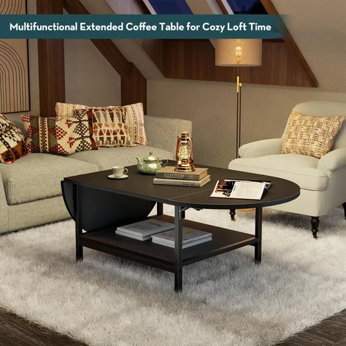 Vista 6 de SAYGOER - Mesa de café negra moderna con extensión y almacenamiento para sala de estar, mesa central única de 2 niveles con dos paneles plegables