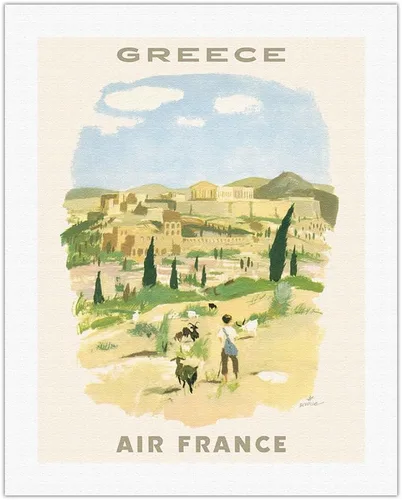 Vista 10 de Greece - Acropolis of Athens - France - Vintage Airline Travel Poster by Georges Beuville c.1958 - Fine Art Rolled Canvas Print 11in x 14in