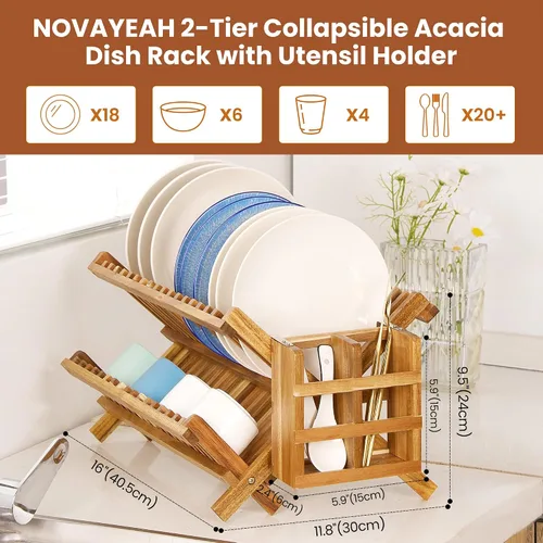 Vista 5 de NOVAYEAH Escurridor de platos de madera de acacia para encimera de cocina, 2 niveles, plegable, escurridor de platos de bambú con soporte