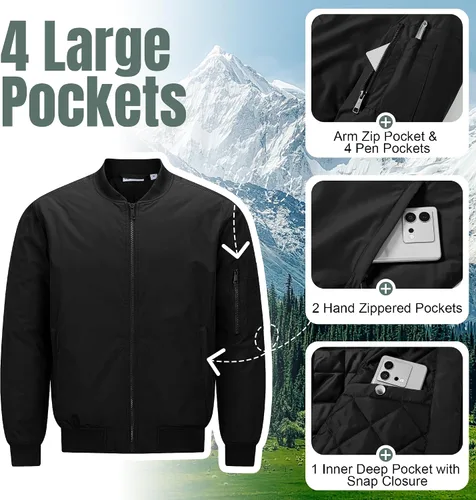 Vista 3 de 33,000ft Chaqueta bomber para hombre, impermeable, con cremallera, acolchada, ligera, cálida, casual, primavera, otoño e invierno Negro