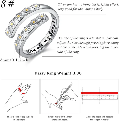 Vista 2 de XIXLES Anillo de plata de ley 925 con la frase "You Are My Sunshine", anillo de margarita con flores y margaritas, anillo ajustable abierto, regalo