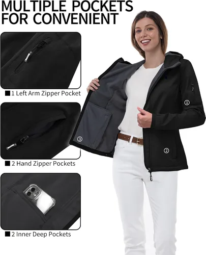 Vista 5 de Outdoor Ventures Chaqueta Softshell para mujer con capucha, forro polar, cálida, ligera, impermeable, aislada, cortavientos