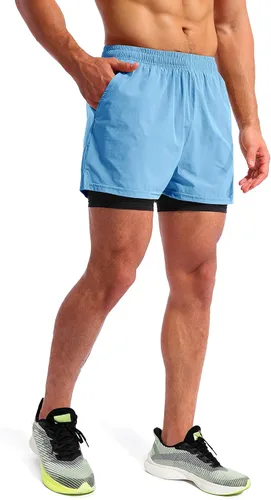 Vista 3 de Pudolla Mens 2 in 1 Running Shorts 5" Quick Dry Gym Athletic Workout Shorts for Men with Phone Pockets