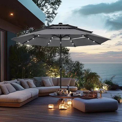 Vista 9 de PHI VILLA 10ft 3 Tier Outdoor Patio Umbrella with 24pcs LED Lights, Beige