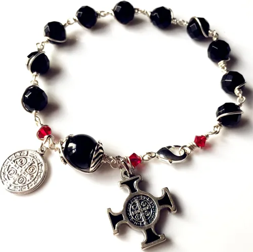 Vista 5 de elegantmedical Pulsera hecha a mano con cuentas de oración de ágata negra, rosario, cruz, católica, Metal