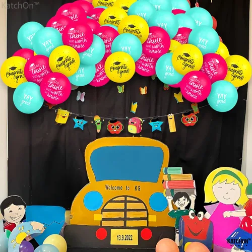 Vista 4 de KatchOn, Juego de globos de graduación azules, amarillos y rosados, 12 pulgadas, paquete de 75 Globos de graduación de felicitaciones, globo Yay