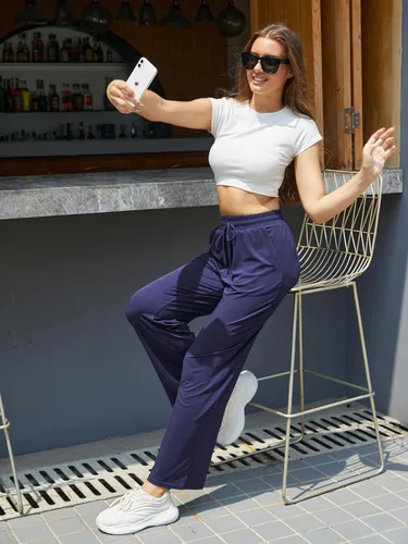 Vista 8 de keriffe Pijamas casuales para mujer, pantalones de yoga de pierna ancha, cintura alta, cordón ajustable, pantalones deportivos de entrenamiento