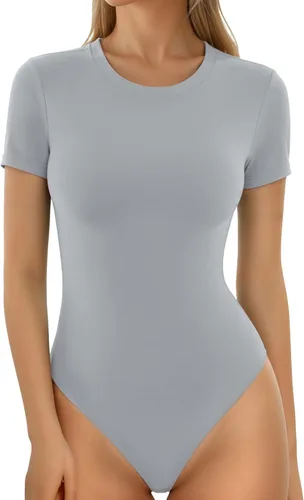 Vista 34 de MANGOPOP - Body de cuello redondo para mujer, manga corta y manga larga, camisetas ajustadas y básicas A1 Manga Corta Negro