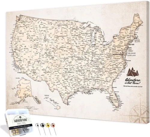 Vista 79 de IPIC - Lienzo con mapas de EE. UU. para decoración de pared, mapa con pin de empuje para marcar viajes, mapa de viaje impreso de EE. UU.