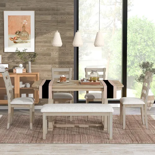 Vista 41 de Juego de mesa de comedor vintage de 6 piezas, juego de mesa de comedor de cocina de madera maciza con 4 sillas ergonómicas acolchadas y banco, mesa