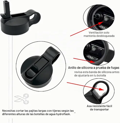 Vista 4 de Tapa de popote de repuesto para botella de agua de boca ancha Hydroflask, tapas superiores con popote para accesorios Hydro Flask, tapa de popote