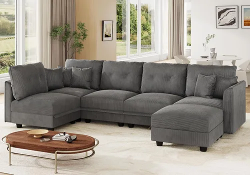 Vista 22 de LLappuil Sofá seccional modular con asientos de almacenamiento, sofá seccional convertible modular en forma de U de pana para sala de estar, sofá