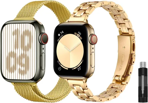Vista 9 de Paquete de 2 correas de metal compatibles con Apple Watch Band 38/40/41/42/44/45/46/1.929 in, acero inoxidable y malla milanesa para iWatch Band