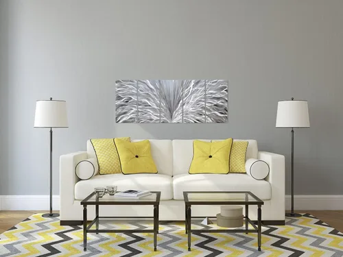Vista 7 de SYGALLERIER Arte de pared de metal plateado hecho a mano, enorme obra de arte abstracta 3D de aluminio, escultura moderna, imágenes metálicas
