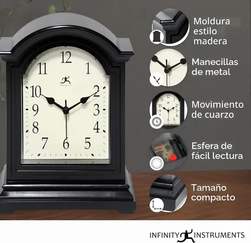 Vista 4 de Infinity Instruments Reloj de abuelo en miniatura para repisa de chimenea, reloj de mesa vintage con diseño antiguo, 9" x 6", negro
