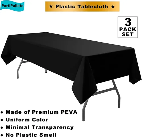 Vista 2 de Paquete de 3 manteles de plástico premium negros desechables de 54 x 108 pulgadas. Mantel rectangular desechable para mesas de fiesta