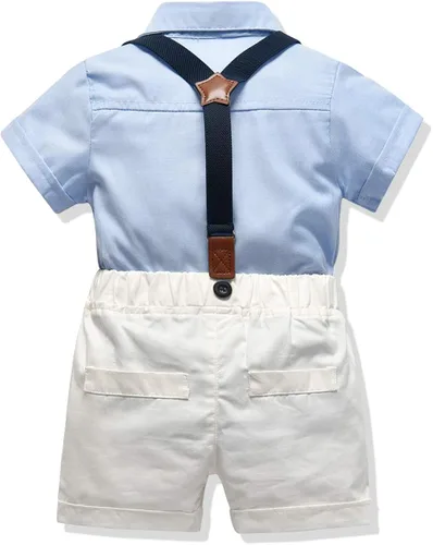 Vista 2 de Conjunto de traje de caballero para niños pequeños, camisa de manga corta + tirante + pantalones cortos + pajarita, 4 piezas para niños pequeños
