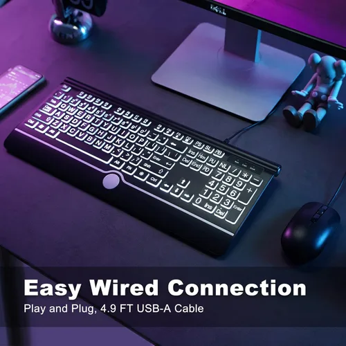 Vista 7 de KOPJIPPOM Teclado de computadora retroiluminado con impresión grande, teclados USB con cable de tamaño completo con retroiluminación de 7