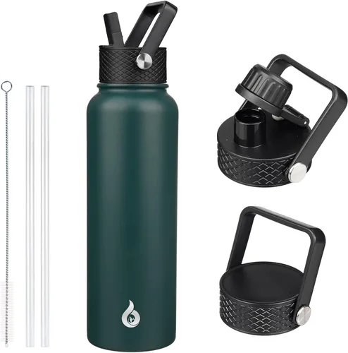 Vista 41 de BJPKPK Botellas de Agua Aisladas con Tapa de Pajita, Botella de Agua de Acero Inoxidable de 18oz, Termo Frío Caliente con 3 Tapas, Vaso de Viaje a