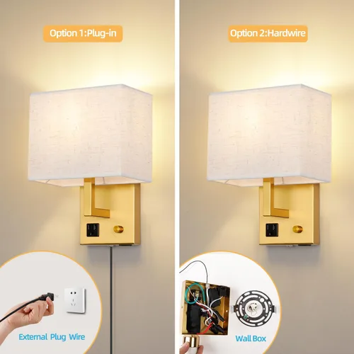 Vista 5 de Aplique de pared enchufable, lámpara de pared de cabecera con enchufe y interruptor regulable, con puerto de carga USB y toma de corriente, adecuado