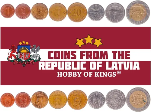 Vista 2 de 7 Coins de Letonia Colección de Monedas Letonas 1 2 5 10 20 50 Santimu 1 Lats Circulado 1992-2009 Salmón León Griffin Pino