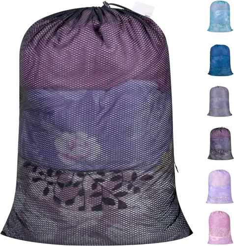 Vista 18 de Polecasa Bolsas de lavandería grandes de malla de diamante extra resistentes con cierre de cordón y etiqueta de identificación, bolsa