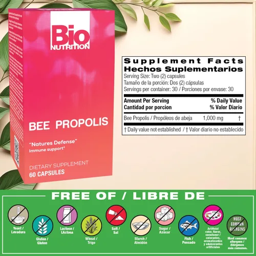 Vista 2 de Bio Nutrition Bee Propolis, cápsulas de suplemento de apoyo inmunológico de defensa natural, 1000 mg, 60