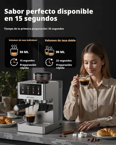Vista 6 de AIRMSEN Máquina de café expreso con molinillo, 20 bares, varita de vapor