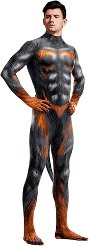 Vista 42 de Disfraz de animal para hombre con estampado de cola grande, overol peludo de elastano para cosplay, fiesta de Halloween