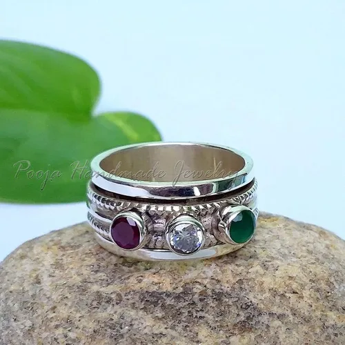 Vista 3 de Multi Gemstone Spinner Ring, Anxiety Ring, Ruby Band Ring, 925 Sterling Silver Band, Spinner Ring For Women, Gift Ring For Mother's Day, Fidget