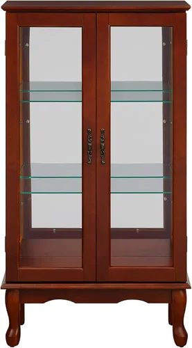 Vista 4 de Gabinete Curio iluminado, moderno gabinete de cristal de pie con estantes ajustables, panel trasero espejo y puertas de vidrio templado