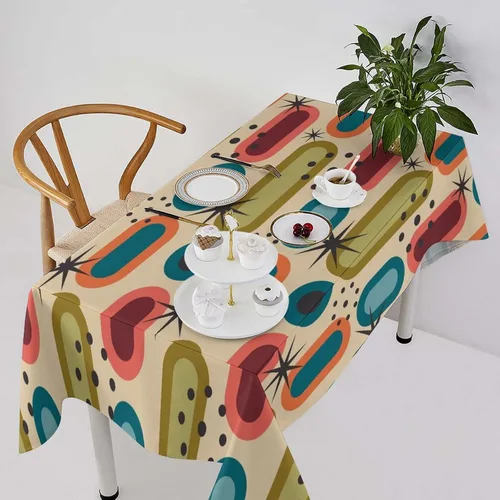 Vista 61 de Mantel retro moderno de mediados de siglo, diseño de colores retro de los años 50, resistente al agua, mantel lavable para cocina, comedor, fiesta