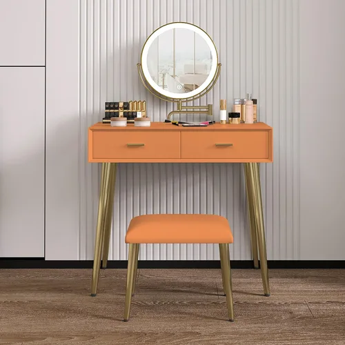 Vista 15 de Juego de escritorio con espejo giratorio de 360° y luces, pequeño tocador de maquillaje con cuero de microfibra, mesa de tocador con 2 cajones Beige