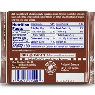 Vista 3 de Ritter Sport, Chocolate con leche con avellanas enteras, barras de 3.5 onzas, paquete de 10