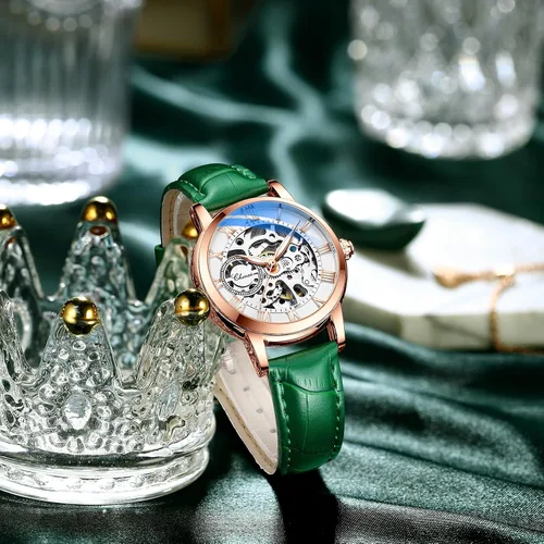 Vista 5 de MASTOP Relojes de mujer de zafiro automáticos Steampunk de cuerda automática mecánicos con pulsera de oro, reloj de esqueleto para mujer con correa