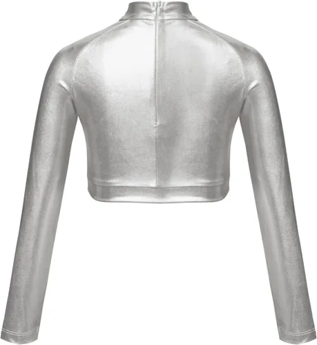 Vista 2 de JEATHA Camiseta corta de manga larga con lentejuelas brillantes para niños y niñas, con cuello alto falso, camisetas atléticas de jazz hip-hop