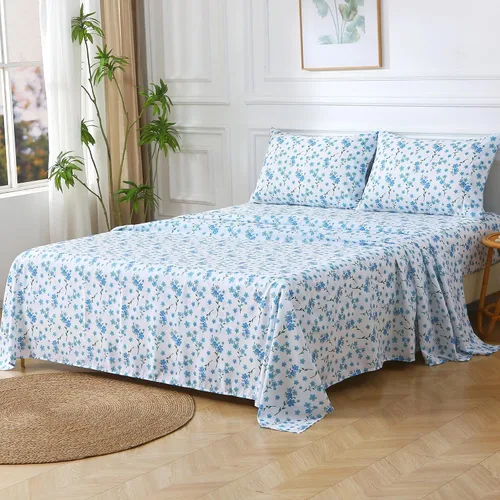 Vista 2 de Viviland Juego de sábanas tamaño individual con estampado de flores azules frescas de 3 piezas, sábanas de microfibra suave y transpirable