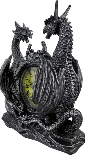 Vista 2 de DWK Twin Evil Dragons - Escritorio de mesa antiguo con repisa 11.25 X 10 X 3 In., 10 In. Diameter Face, Gray Cold-Cast Resin, Runs on 1 AA Battery