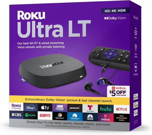 Vista 2 de Roku Dispositivo de transmisión Ultra LT 4K/HDR/Dolby Vision/Wi-Fi de doble banda con control remoto de voz Roku y cable HDMI, con cable