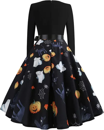 Vista 3 de Basysin Vestido de Halloween para mujer, estilo vintage de los años 50, estampado de calabaza, manga larga, cuello en V, talla grande, vestidos