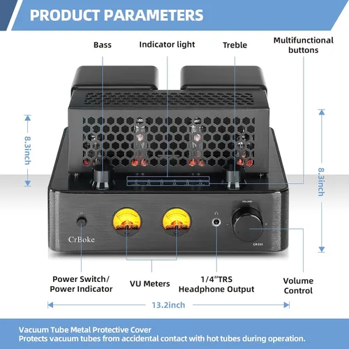 Vista 5 de Tube Amplifier, Stereo Vacuum Tube Class A/B Amplifier,Integrated Amplifier with Bluetooth 5.0,Subwoofer Output, Headphone Output, Record Player