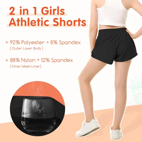 Vista 2 de Pantalones cortos deportivos para niñas, de secado rápido, con bolsillo con cremallera, para adolescentes y niños, pantalones cortos deportivos