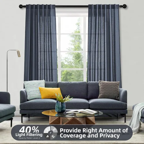 Vista 2 de Cortinas con pestaña trasera de 84 pulgadas de largo, mezcla de lino, juego de 2 paneles, cortinas azul oscuro extra anchas para patio, pasillo