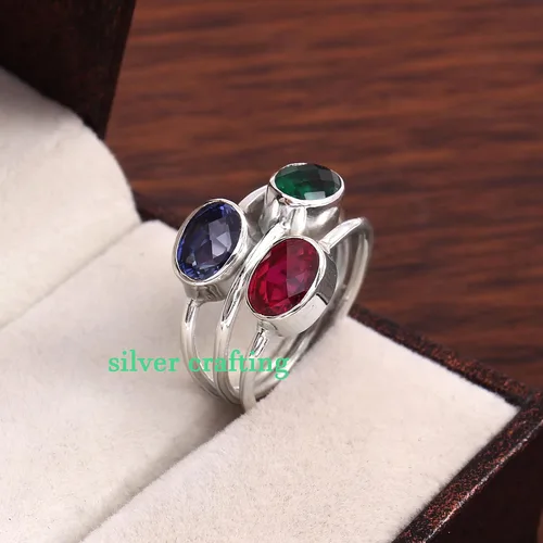 Vista 2 de Zafiro azul - Esmeralda - Anillo de plata con piedras preciosas de rubí Anillo de 3 piedras Joyería de plata creativa
