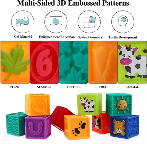 Vista 5 de Kingtree Bloques para bebés, 9 piezas de bloques de construcción suaves para bebés de más de 6 meses, juego de bloques educativos de dentición