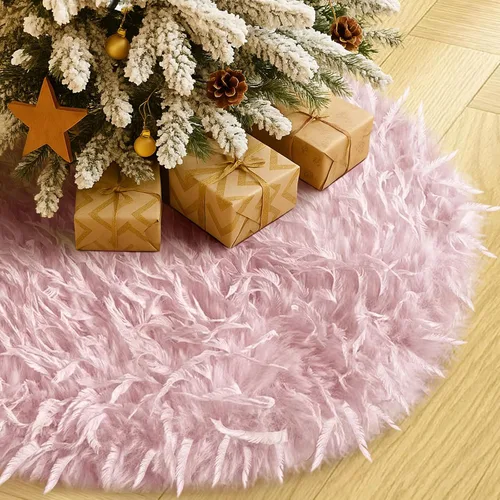 Vista 9 de Falda de Árbol de Navidad de 24 Pulgadas - Falda de Árbol de Piel Sintética Esponjosa Beige Blanca, Decoración Navideña de Felpa de Color Toka