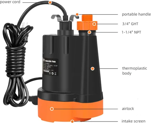 Vista 2 de Bomba de agua sumergible, 1/3 HP 2500 GPH Bomba de drenaje de agua limpia eléctrica portátil para drenaje de piscinas, inundaciones, piscina y sótano