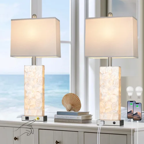 Vista 15 de Lámparas de mesa costeras de 28 pulgadas para sala de estar, lámparas de noche con luz nocturna, puertos USB A+C, moderna concha de mar
