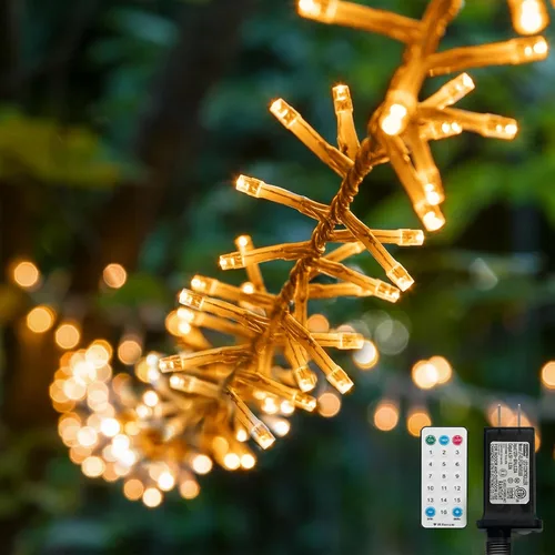 Vista 24 de LAMPHOME Luces de Navidad multicolor que funcionan con pilas, 34.1 pies, 100 luces LED impermeables de cadena para árbol de Navidad con 8 modos