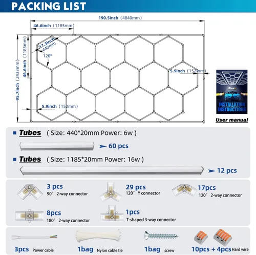 Vista 8 de Luces LED hexagonales de garaje, 6500 K regulables, brillo ajustable, luces hexagonales de gimnasio para coche/lavado de autos